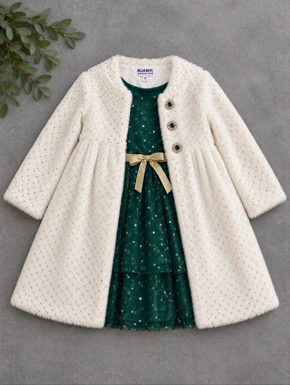 Blueberi Boulevard 4T Green Gold Holiday Dress Cream Faux Fur Coat Set
